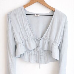 Aritzia Sunday Best Light Blue Cropped Ruffle Blouse Tie Front Long Sleeve Size